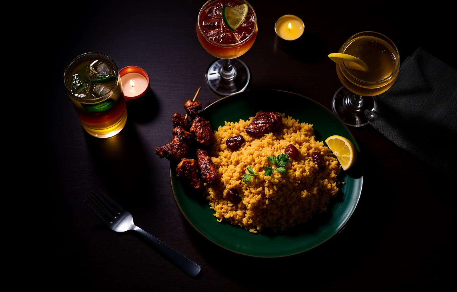 A plate of jollof rice and suya with cocktails at Frantex